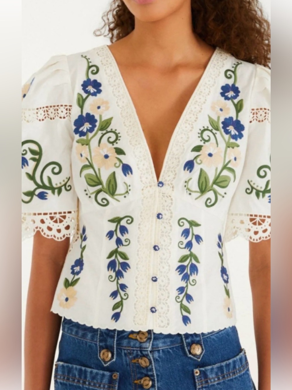Farm Rio Embroidered Floral V-Neck Women’s Top
